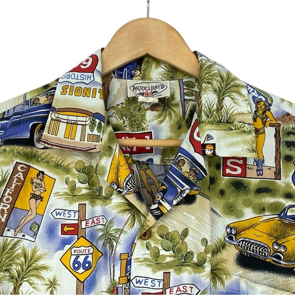 Pacific Legend Hawaiian Style Travel Route 66 Men's Graphic Button Up Shirt - Picture 1 of 12